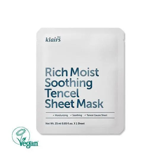Klairs Rich Moist Soothing Tencel Sheet Mask pack, the ultimate soothing experience for skincare enthusiasts.